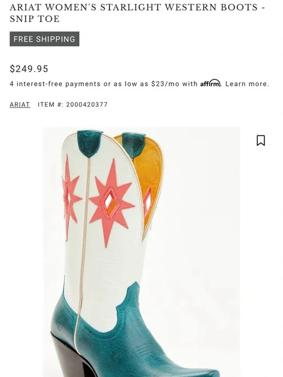 ARIAT WOMEN STARLIGHT WESTERN BOOTS - SNIP TOE TURQUOISE size 8 rodeo stagecoach - Picture 2 of 12